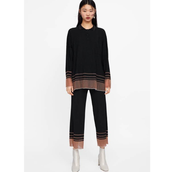 Zara Black & Tan Textured Weave Colorblock Oversized Sweater Top Small - Picture 1 of 5